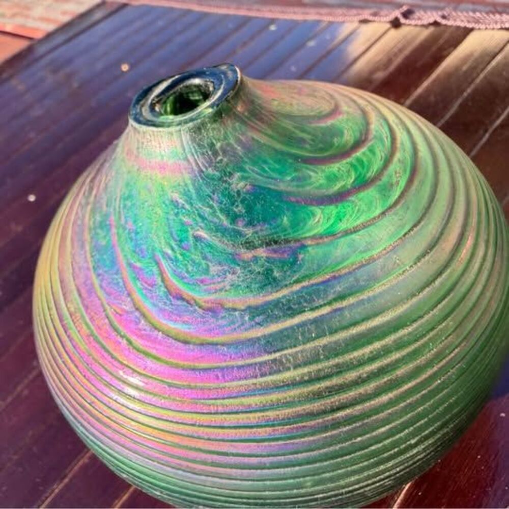 Iridescent Green Ribbed Hand-Blown Glass Vase